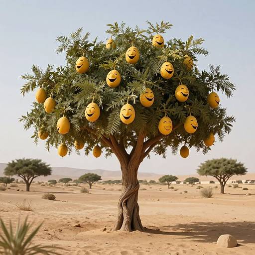 Photograph of a desert tree with yellow, smiling face-shaped fruits, set against a clear blue sky and arid landscape.
