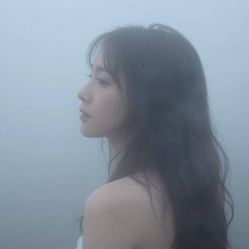 Photograph of an Asian woman with long, wet, black hair, facing left, wearing a strapless top, against a misty, blue-gray