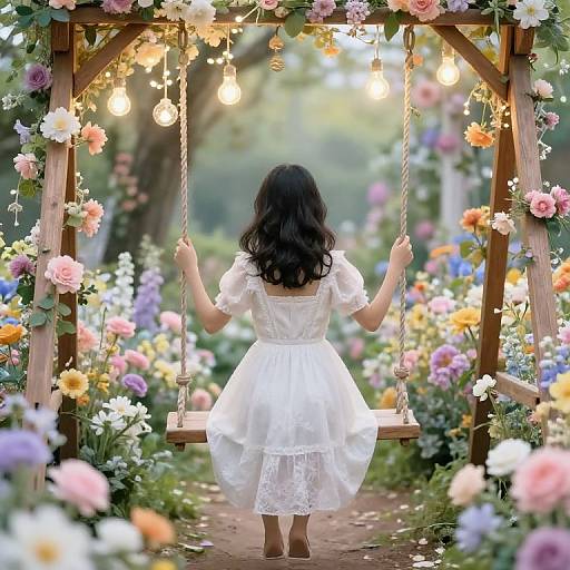 Photograph of a young girl with long black hair, wearing a white dress, sitting on a flower-adorned wooden swing, facing away, under