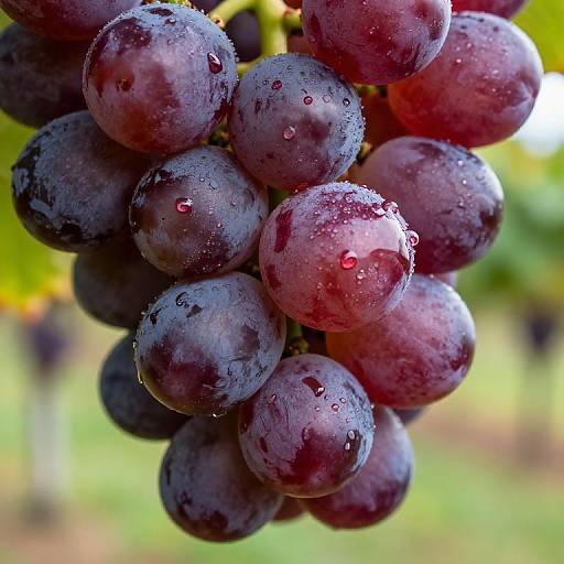 Close-up photograph of a cluster of dark purple grapes covered in glistening water droplets, with a blurred green and yellow background.