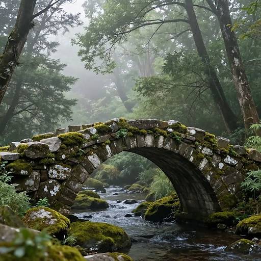 Photograph of a moss-covered stone bridge arching over a flowing stream in a misty, dense forest with tall trees.
