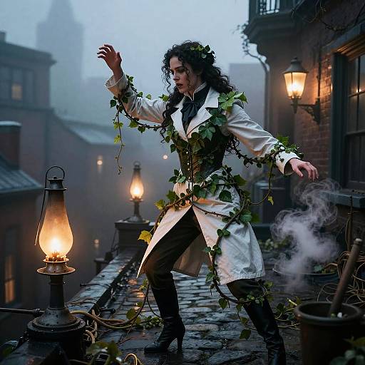 Photograph of a curly-haired man in a white lab coat, vines entwined, casting spells on a foggy, cobblestone street at
