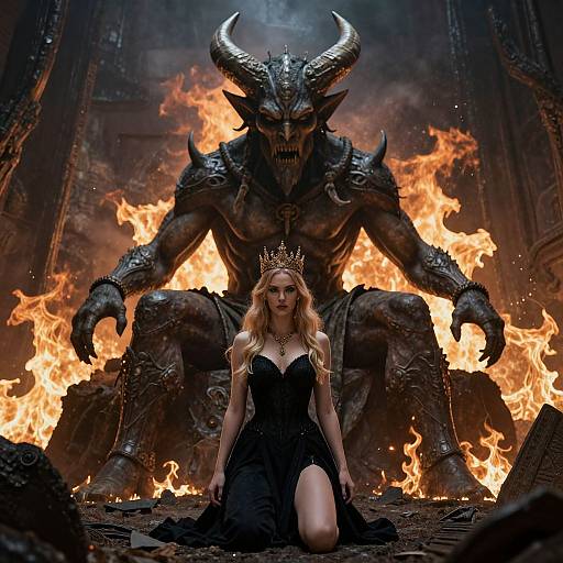 Photorealistic digital artwork of a blonde, crown-wearing woman in a black gown kneeling before a fiery, horned demon with sharp claws. Dark