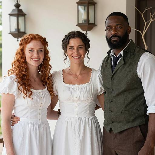 Three people in vintage attire outdoors
