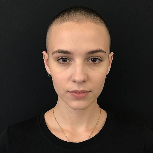 Photograph of a young woman with a shaved head, light skin, small hoop earrings, thin gold necklace, and black shirt, against a dark background