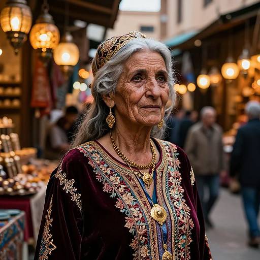 Photograph of an elderly woman with gray hair, wearing an ornate, dark velvet dress with intricate gold embroidery, standing in a bustling, warmly lit