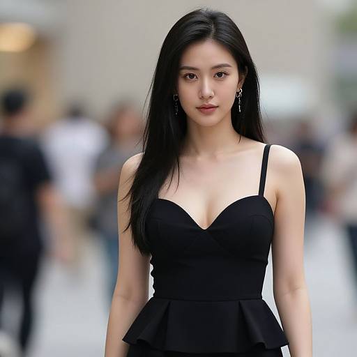 Photograph of an East Asian woman with long black hair, wearing a black, strapless dress, standing in a blurred, busy indoor setting.