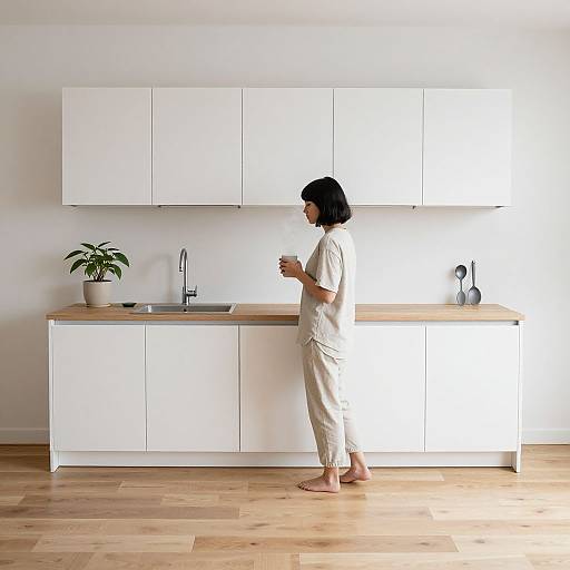 Photograph of a woman with black hair, wearing white clothes and barefoot, standing in a minimalist, white kitchen with wooden floor, holding a cup