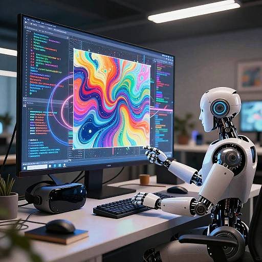 Photograph of a white humanoid robot with blue earphones, working on a computer displaying colorful abstract digital art and coding text. Modern office background.