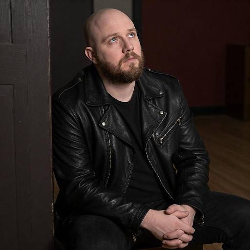 Photograph of a bald, bearded man with blue eyes, wearing a black leather jacket and black shirt, sitting against a dark wooden wall, looking