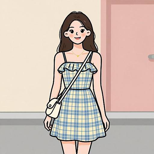 Digital drawing of a smiling young woman with long brown hair, wearing a blue and white checkered dress and carrying a shoulder bag, standing in a simple