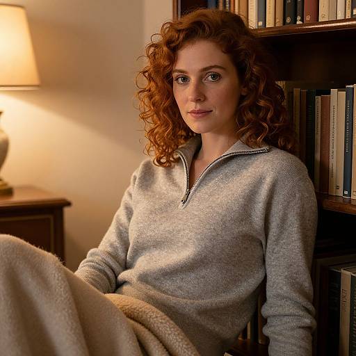 Photograph of a curly-haired woman in a gray zip-up sweater and beige blanket, sitting in a warmly lit, bookshelf-lined room.
