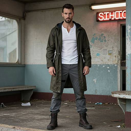 Photograph of a bearded man with dark hair, wearing a green coat, white shirt, dark pants, and black boots, standing in a gritty
