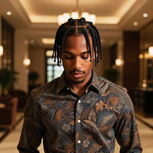 Photograph of a young Black man with medium-dark skin and dreadlocks, wearing a patterned, button-up shirt, standing in a warmly lit,