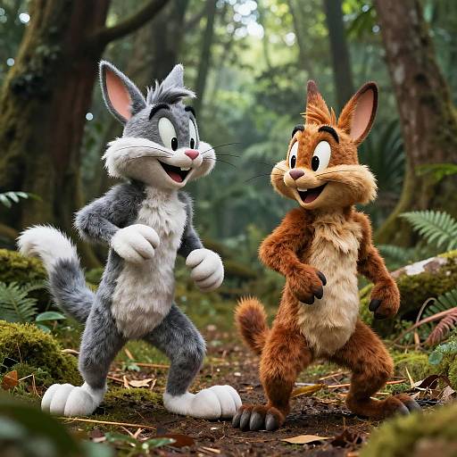 CGI image of two animated anthropomorphic animals, a grey and white rabbit and a brown and white fox, joyfully dancing in a lush, forest