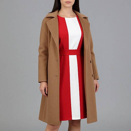 Photograph of a woman with long black hair, wearing a red dress with a white vertical stripe, and a tan, knee-length overcoat, against