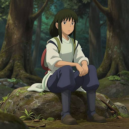 Anime-style digital drawing of a young girl with black hair, wearing a white shirt, blue pants, and brown shoes, sitting on a mossy rock