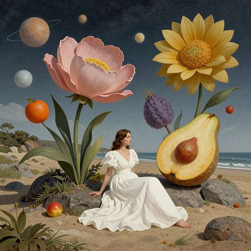 Photographic surrealism: Woman in white dress, sitting on beach, surrounded by giant flowers, fruits, and planets, with a sliced avocado.