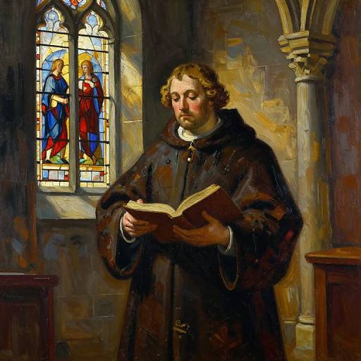 Oil painting of a bearded, curly-haired monk in dark robe reading a book in a sunlit, stone-walled church with a stained glass window