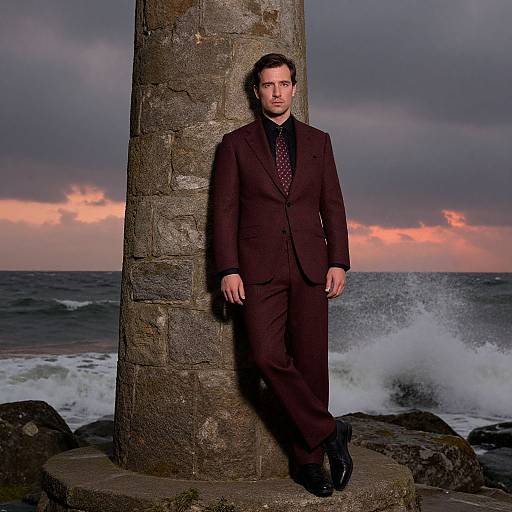Photograph of a serious man in a dark brown suit leaning against a stone pillar by a rocky ocean shore at sunset.