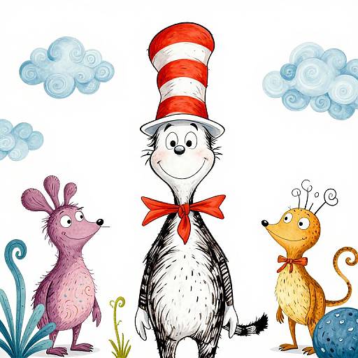 Colorful cartoon illustration of three whimsical animals: a purple rabbit, black-and-white cat in a red-striped hat, and orange dog with antennae