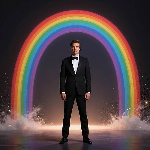 Photograph of a man in a black tuxedo with a bow tie, standing centered under a vibrant rainbow, surrounded by smoke and sparkles.