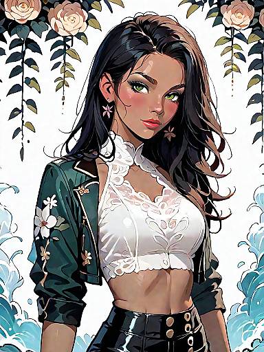 Edgy Chic Woman in Floral Jacket and Crop Top