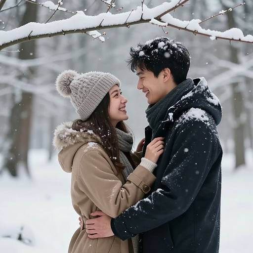 Photograph of a smiling Asian couple in winter clothes, snow-covered forest background. Woman in beige coat, gray knit hat; man in black coat,