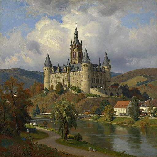 Photorealistic painting of a grand medieval castle with multiple turrets, perched on a hill above a serene river and village.