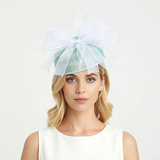 Photograph of a blonde woman with blue eyes, wearing a white sleeveless dress and a translucent white fascinator hat, against a plain white background.