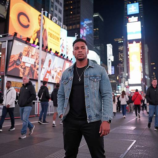 Photograph of a young Black man with short curly hair, wearing a denim jacket and black shirt, walking through a brightly lit, busy urban street at