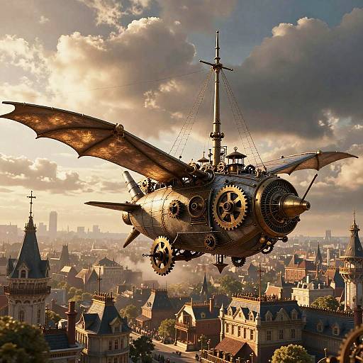 Steampunk Airship Over Victorian City