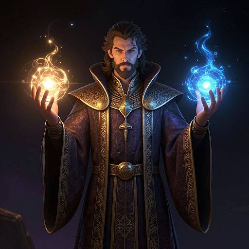 Digital art of a bearded man with dark hair, wearing an ornate dark robe, holding glowing fireballs in his hands.
