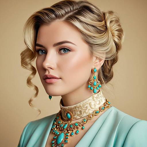 Elegant Woman with Blonde Updo and Turquoise Jewelry