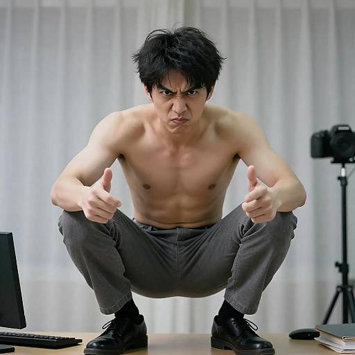 Intense Shirtless Asian Man in Office