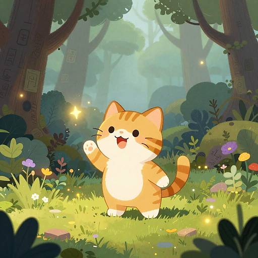 Whimsical Tabby Cat Wizard in Forest