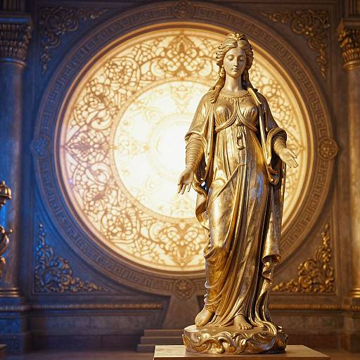 Gilded statue of a serene, robed woman with a crown, standing in front of an ornate, illuminated circular design. Photographic image.