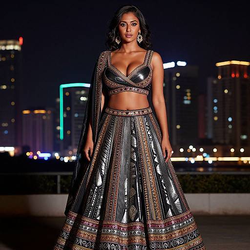 Photograph of a confident woman with dark hair in a reflective, beaded, traditional Indian outfit with a deep V-neck top and full skirt, standing