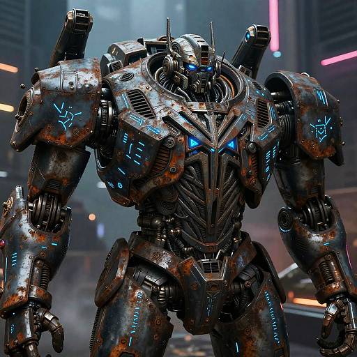 CGI image of a towering, armored robot with glowing blue lights, rusted metallic texture, and futuristic cityscape background. Robust, menacing design