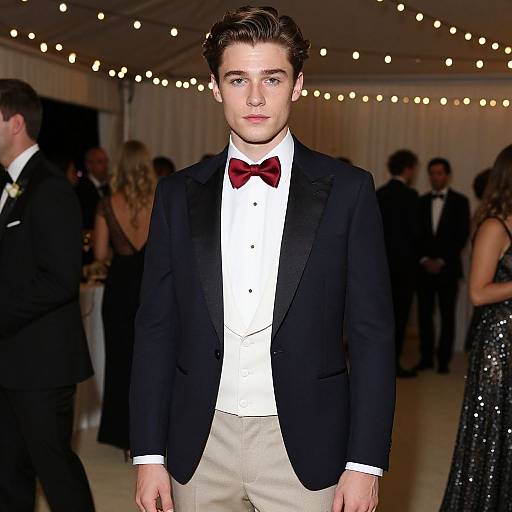 Photograph of a young man with fair skin, brown hair, and blue eyes, wearing a black tuxedo with red bow tie, white dress