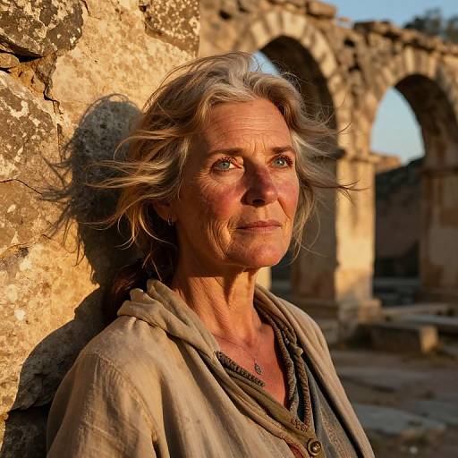 Photograph of an elderly woman with wavy gray hair, wearing a worn hoodie, standing against a sunlit, crumbling stone archway. Warm,