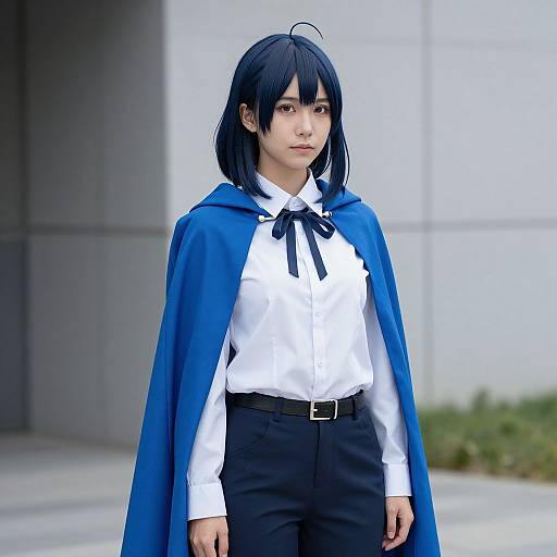 Photograph of an Asian woman with black bob hair, wearing a blue cape, white shirt, black pants, and black ribbon, standing outdoors against a