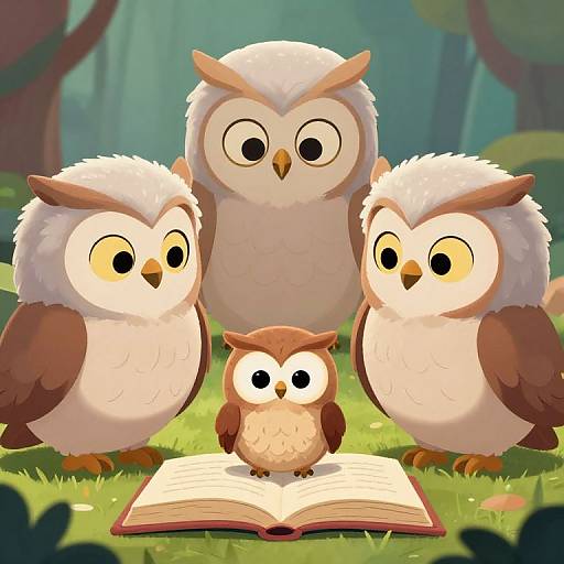 Digital illustration of four cute, fluffy, cartoon owls with large eyes, standing around an open book on grass in a forest.