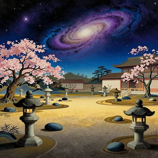 Digital artwork of a serene Japanese garden at night, featuring cherry blossom trees, stone lanterns, a glowing spiral galaxy, and traditional wooden buildings under a