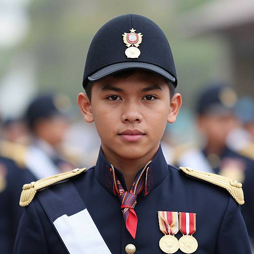 Photograph of a young Asian male in a black military uniform with gold epaulettes, red necktie, medals, and black cap, standing