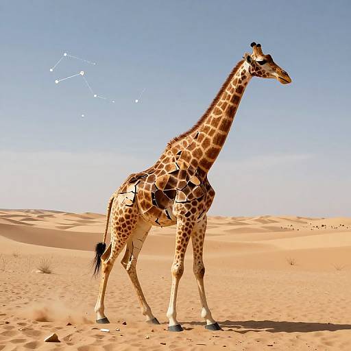 Photograph of a giraffe with a harness standing in a sunlit, sandy desert under a clear blue sky, with a constellation diagram in the background