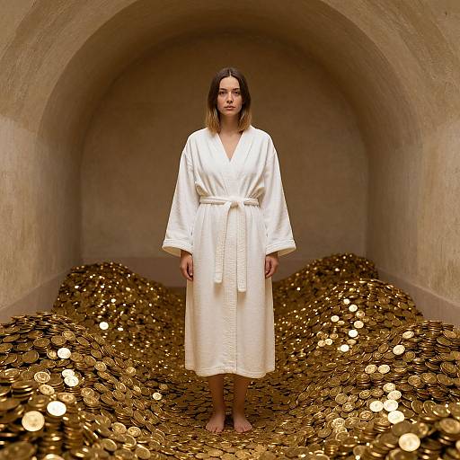 Photograph of a solemn woman with straight brown hair in a white robe, standing barefoot in a tunnel filled with glowing gold coins.