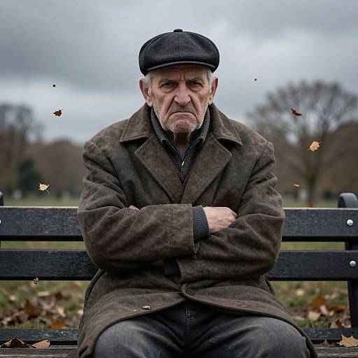 Photograph of an elderly white man with gray beard, wearing a flat cap and brown coat, sitting on a black bench, arms crossed, against a