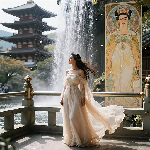 Asian woman in flowing white dress stands by waterfall, gazing at Art Nouveau painting of serene woman, traditional pagoda in background.