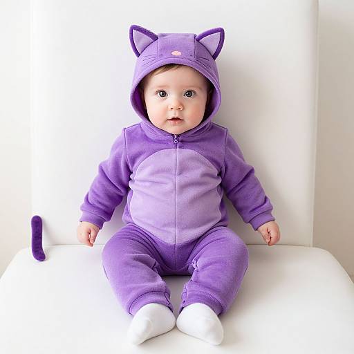 Photograph of a baby with fair skin, wearing a purple cat-themed onesie with ears, sitting on a white surface.